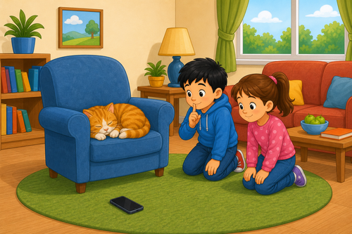 A cat sleeping on an armchair and a phone on the mat