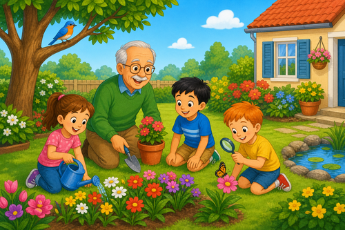 Grandfather and three children in a garden with a bird in a tree