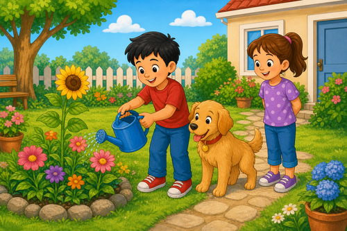 A boy watering a flower with a dog next to him