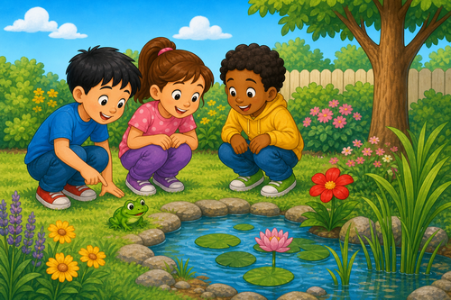 Children looking at a green frog near a pond