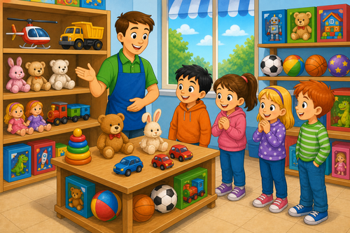 A toy shop with four children and a helicopter on a shelf