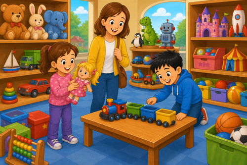A girl holding a doll and a boy looking at a train