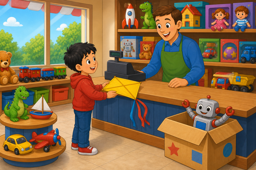 A child buying a kite with a robot in a box