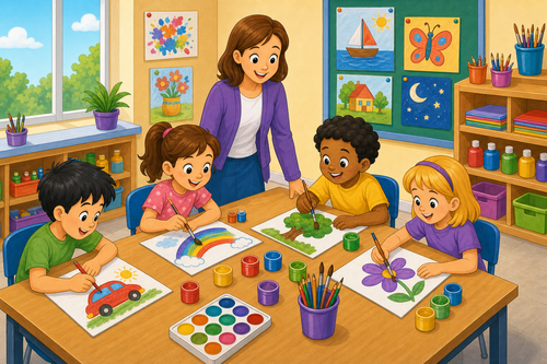 An art classroom with four children and paint on the table