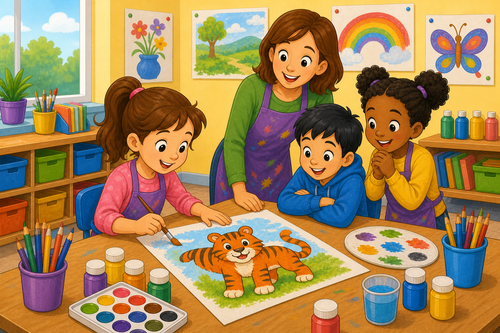 A girl painting an orange tiger picture