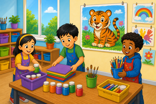 A tiger picture on the wall and pencils in a cup