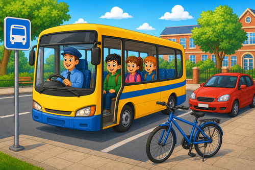 Three children on a bus with a bike next to it
