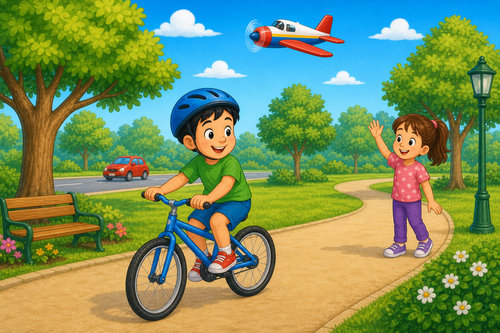 A boy riding a bike with a plane in the sky