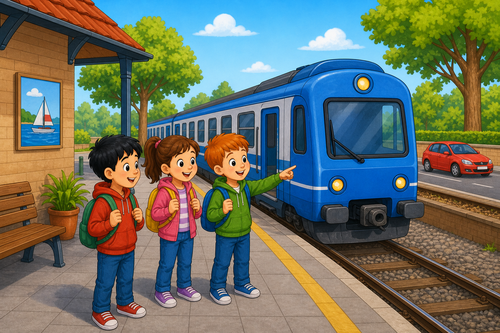 Children standing near a train with a car behind it