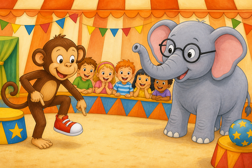 monkey with one shoe, elephant with glasses, bright show tent