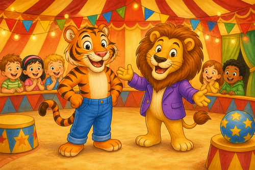 tiger in trousers and lion in jacket on a small stage