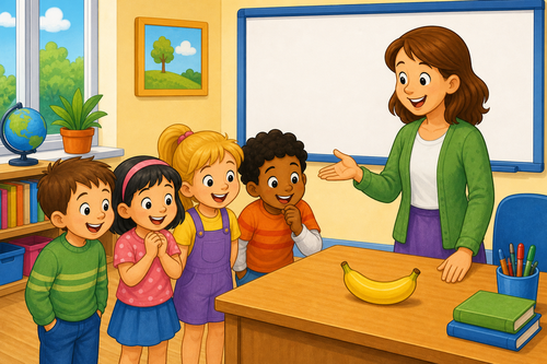 teacher desk with a banana, board, teacher and children