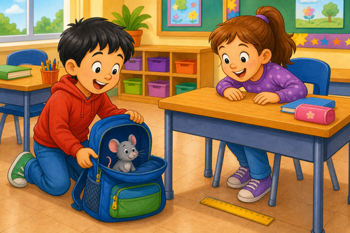 boy bag open with a mouse inside, girl desk with ruler under it