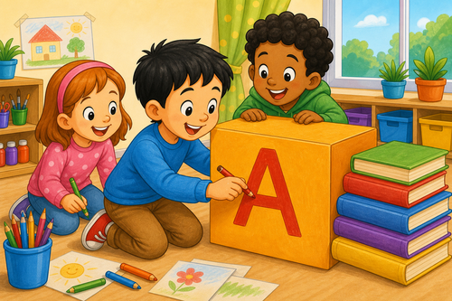 children writing a letter A on a box near books