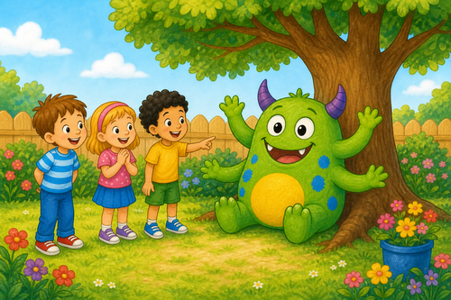 friendly monster under a tree with three children