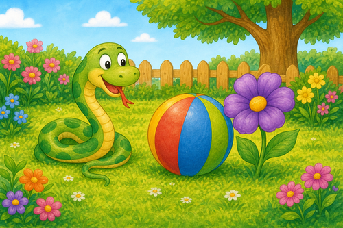 purple flower next to a ball and yellow flower near snake