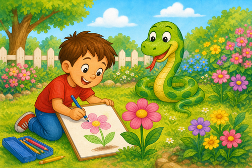 child drawing a flower in front of a snake
