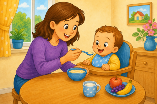 mother giving breakfast to a baby at a small table