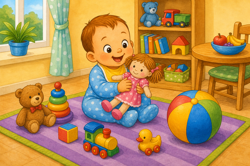 baby playing with toys, doll and ball on a mat