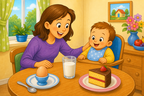 egg, milk and cake on a bright table