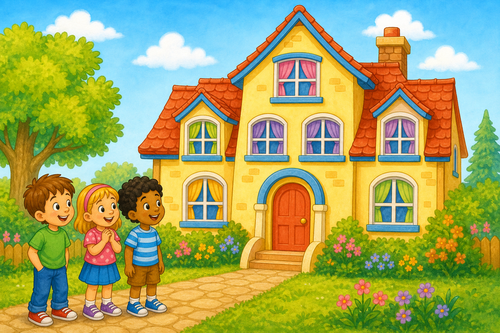 large funny house with many windows and children outside