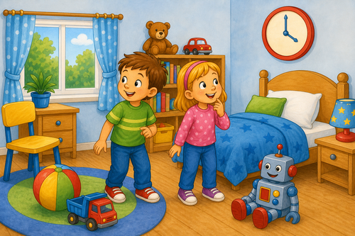 bedroom with clock on wall and robot on floor