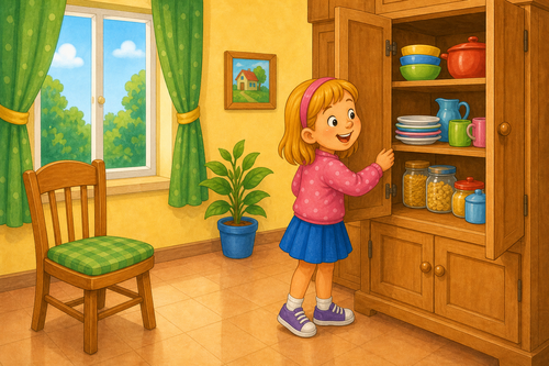 girl opening a cupboard in a kitchen