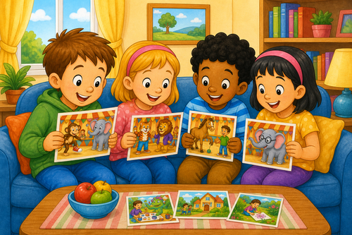 children looking at photos on a sofa