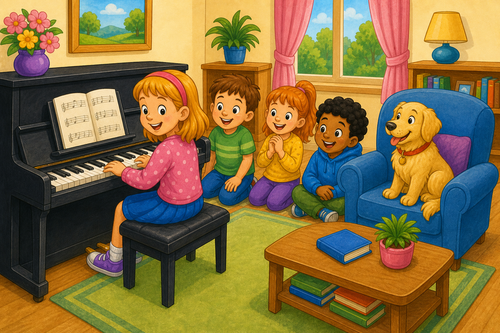 two sisters near a piano and a dog on an armchair