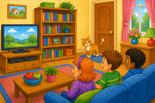 TV, bookcase and a cat near the door
