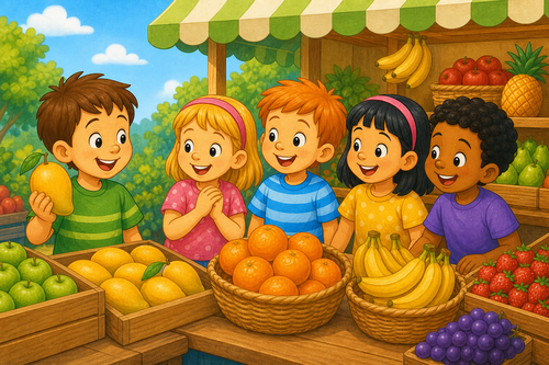 children at a market stall with mango, orange and banana