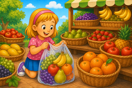 girl eating ice cream beside fruit bags