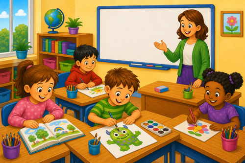 Children having an art lesson in a classroom
