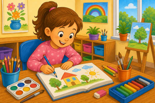 A girl drawing a picture in her book