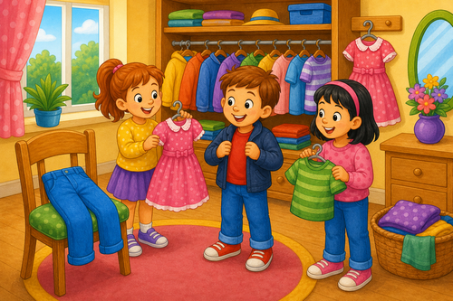 children choosing trousers, jacket and dress