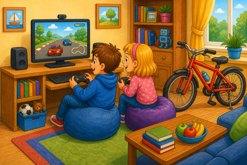 two children playing a computer game