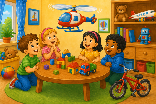 bike, helicopter and plane toys on the floor