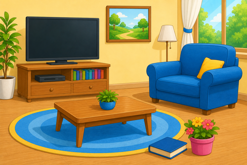 Phone under table and book on floor next to flowers