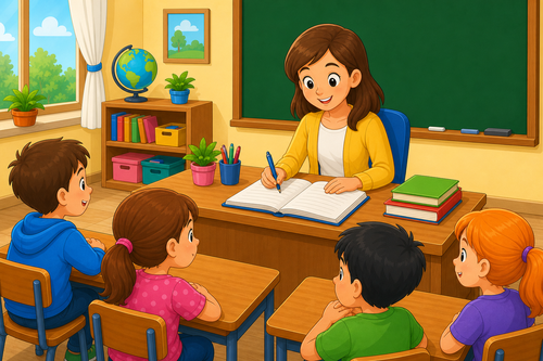 New teacher writing names in a book