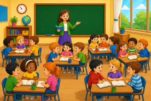 Fifteen children in class with desks and board