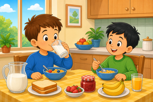 John drinking milk at breakfast