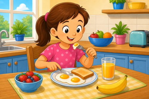 Sue eating breakfast with eggs and fruit