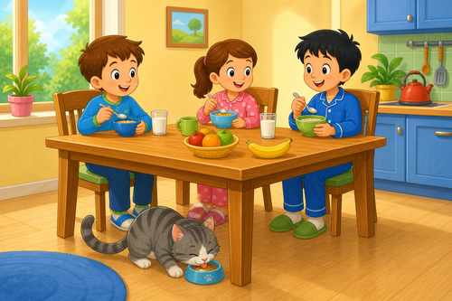 Cat having breakfast near table