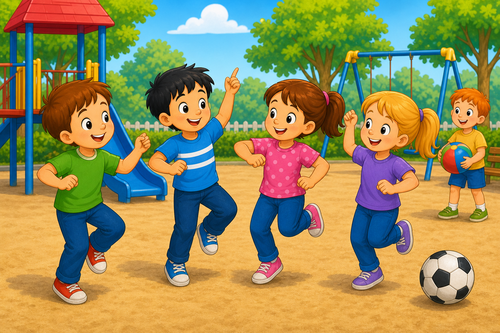 Tom dancing with three friends