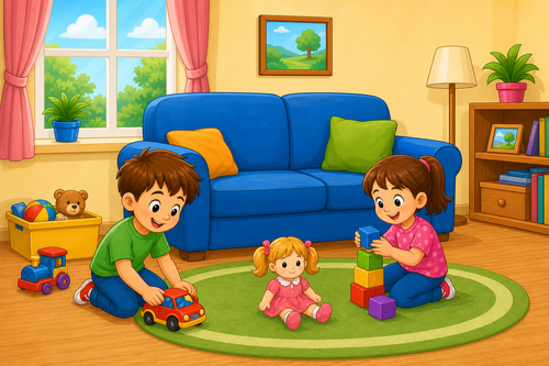 Doll in front of sofa