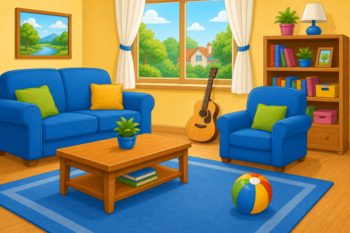 Guitar under window and ball on mat