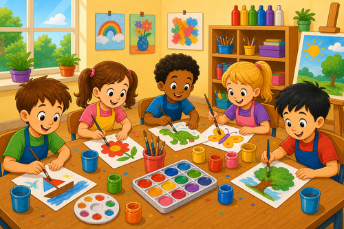 Children painting at a table