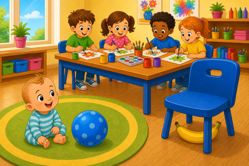 Baby with blue ball and pink banana under chair