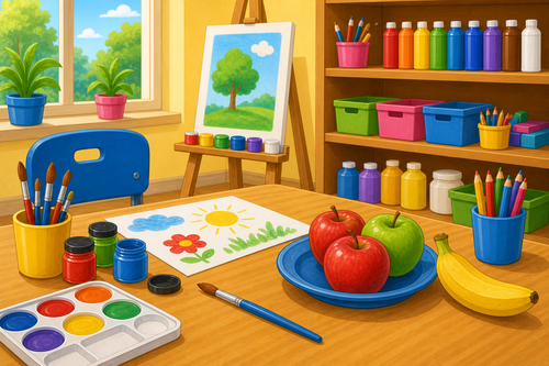 Banana next to apples on table