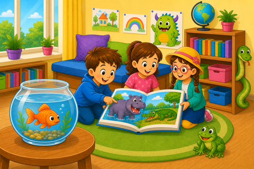 Fish in bowl and snake behind bookcase